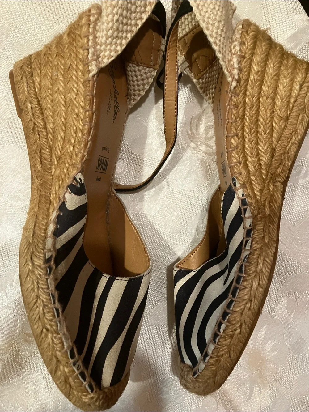 Seychelles Black and White Striped Espadrille Wedges with Ankle Tie